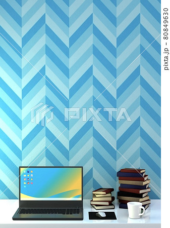 青いヘリンボーン模様の壁紙 部屋 ラップトップ 本 コーヒー 3dcgのイラスト素材