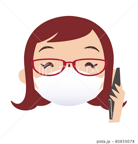 顔アイコンシリーズ 代マスクをしたメガネの女性 スマホ通話 笑顔のイラスト素材 顔アイコンシリーズ 代マスクをしたメガネの女性 スマホ通話 笑顔のイラスト素材