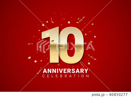 10 anniversary background with golden numbers, confetti, stars on bright red holiday background. Vector Illustration 80850277