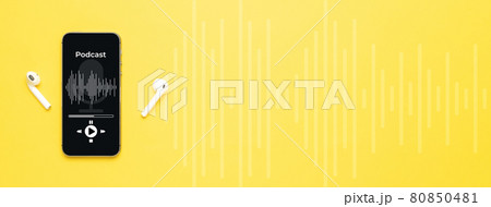 Podcast icon. Audio equipment with microphone, sound headphones, podcast application on mobile smartphone screen. Radio recording sound voice on yellow background. Broadcast media music concept. Podcast icon. Audio equipment with microphone, sound headphones, podcast application on mobile smartphone screen. Radio recording sound voice on yellow background. Broadcast media music concept. 80850481