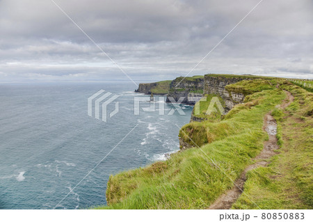 View over cliff line of the Cliffs of Moher in Ireland during daytime View over cliff line of the Cliffs of Moher in Ireland during daytime 80850883