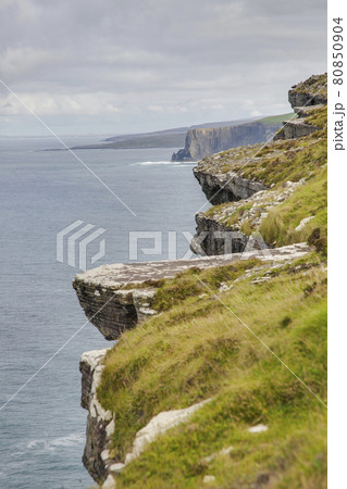 View over cliff line of the Cliffs of Moher in Ireland during daytime View over cliff line of the Cliffs of Moher in Ireland during daytime 80850904