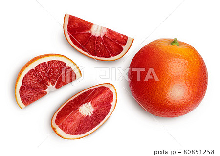 Blood red oranges with slices isolated on white background with clipping path. Top view. Flat lay Blood red oranges with slices isolated on white background with clipping path. Top view. Flat lay 80851258