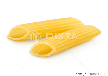 Raw italian penne rigate pasta isolated on white background with clipping path and full depth of field Raw italian penne rigate pasta isolated on white background with clipping path and full depth of field 80851395