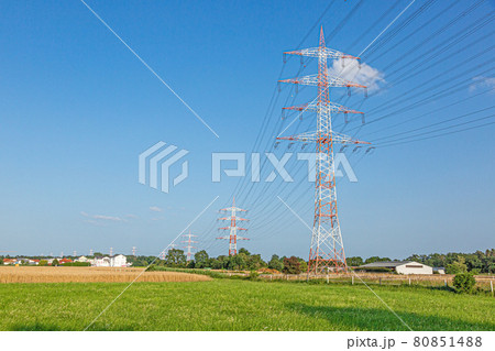Image of large high voltage power line with warning colors with high power poles for power supply Image of large high voltage power line with warning colors with high power poles for power supply 80851488