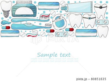Rectangular flyer, banner. Set of elements for the care of the oral cavity in hand draw style. Teeth cleaning 80851635