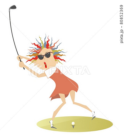 Young golfer woman on the golf course illustration. Pretty golfer woman in sunglasses with a golf club tries to do a good kick isolated on white 80852369