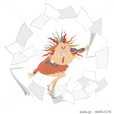 Puzzled young woman and tornado of papers. Confused woman with papers in both hands surrounded by whirl of documents and papers isolated on white 80852370