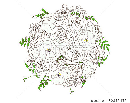 薔薇とトルコキキョウとジャスミンの白い花束のイラスト素材