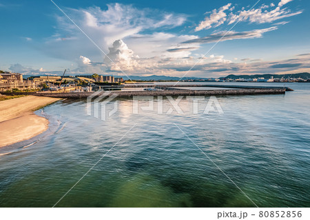【夏】入道雲が浮かぶ海とビーチの風景 ドローン 空撮 【夏】入道雲が浮かぶ海とビーチの風景 ドローン 空撮 80852856