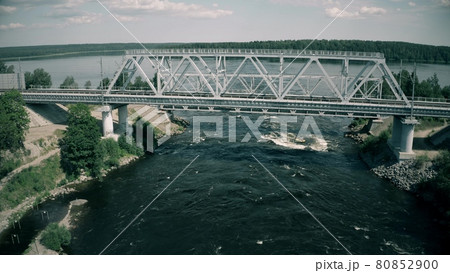 Aerial view of rumbling river, bridges and rafting people on whitewater, Vuoksi river in Russia 80852900