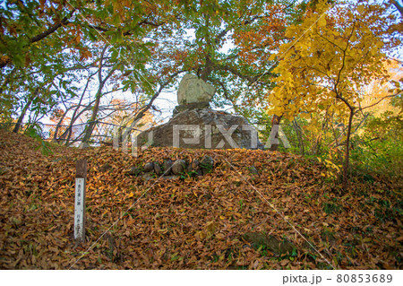 長瀞の秋　蓬莱島公園の景色　水神宮　朝日を浴びる紅葉　 80853689