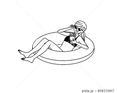 浮輪に乗っている女性 黒のイラスト素材