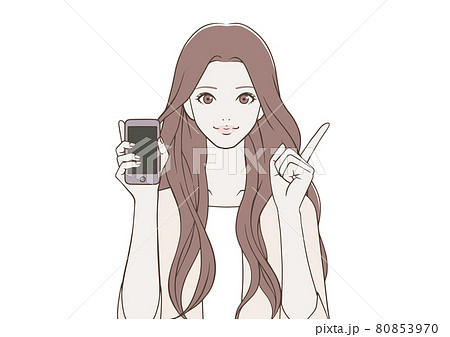 スマートフォンを持ち、人差し指を立てる女性 スマートフォンを持ち、人差し指を立てる女性 80853970