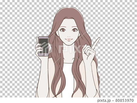 一個女人拿著智能手機，舉起食指 80853970