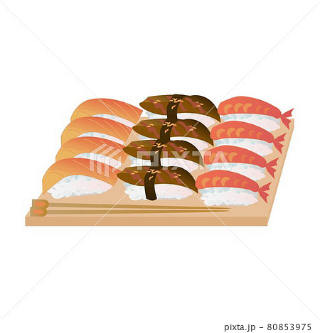 Sushi set. Japanese seafood vector. Asian restaurant food on table. Vector illustration isolated on white background, flat 80853975
