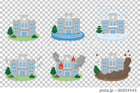 Vector illustration set for schools suffering from disasters: floods, snow damage, earthquakes, fires, landslides 80854543
