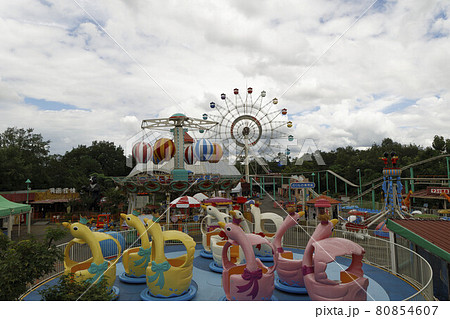 群馬サファリパークの遊園地の全景の写真素材