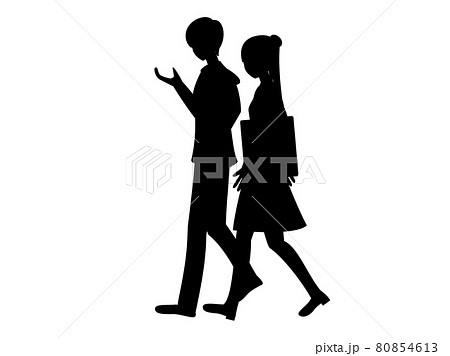 歩きながら会話をする男女のシルエットのイラストのイラスト素材