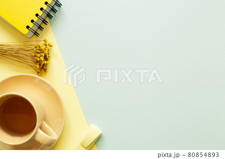 Notebook, cup of tea, pen, dry flower on green and yellow background. top view, copy space. Work and study place 80854893