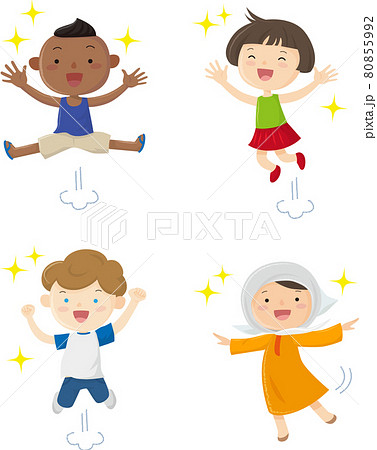 喜んで飛び跳ねる多様な人種の子供たち Sdgsのイラスト素材