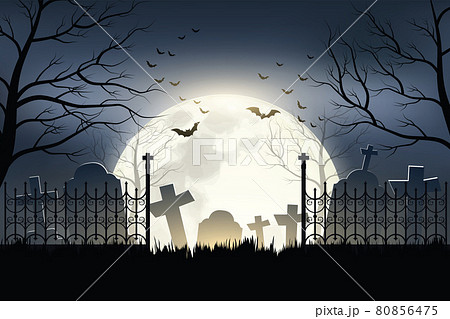 Halloween Cemetery in the night of the full moon and a flock of flying bats background.Illustrator Vector. 80856475