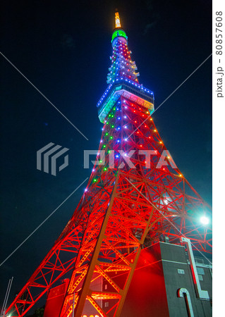 東京タワー五色幔幕ライトアップの写真素材