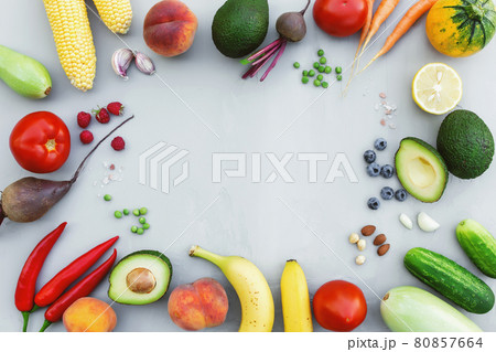 Flat lay with different food, organic vegetables, bio fruits, berries, nuts 80857664