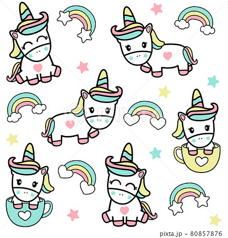 Cute Unicorn and Rainbow hand drawn Art  Design for t-shirt, greeting card or poster design Background Vector Illustration. 80857876