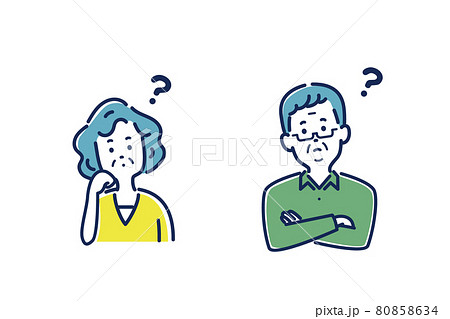 頬杖をついて考えるシニア女性と腕組みをして考えるシニア男性のイラスト素材 80858634