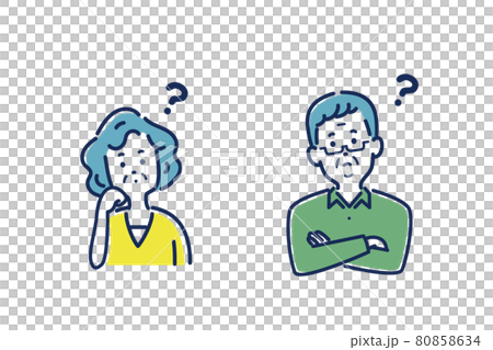 頬杖をついて考えるシニア女性と腕組みをして考えるシニア男性のイラスト素材 80858634