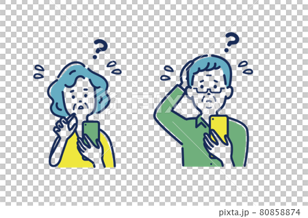 スマホを持って困っているシニア男女のイラスト素材 スマホを持って困っているシニア男女のイラスト素材 80858874
