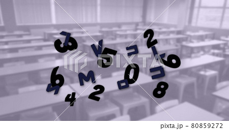 Digital composition of changing numbers and alphabets floating against empty classroom Digital composition of changing numbers and alphabets floating against empty classroom 80859272