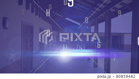 Digital composition of changing numbers and alphabets against empty school corridor 80859482