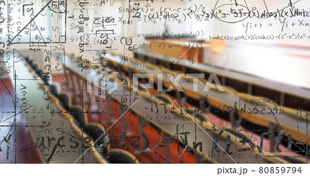 Digital composition of mathematical equations and formulas floating against empty classroom Digital composition of mathematical equations and formulas floating against empty classroom 80859794