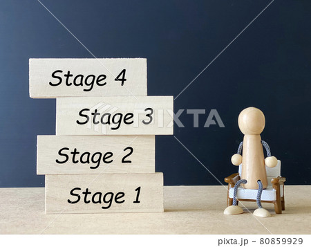 積み上げた4つの木板と椅子に座った人形_stage文字入り 80859929