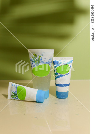 Eco friendly Bottle and tube with natural skincare cosmetics, creams or oils on light background. Plant-based beauty products Eco friendly Bottle and tube with natural skincare cosmetics, creams or oils on light background. Plant-based beauty products 80860094