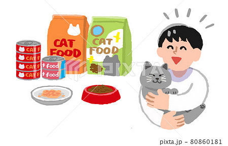 飼い猫を抱っこする笑顔の男性とキャットフード（手描きカラー） 80860181