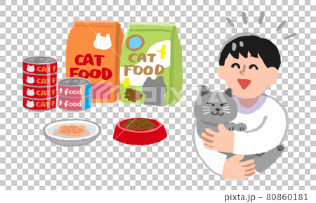 飼い猫を抱っこする笑顔の男性とキャットフード（手描きカラー） 80860181