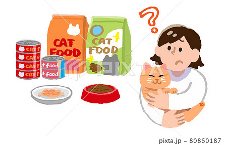 飼い猫を抱っこしながら疑問を持つ女性とキャットフード（手描きカラー） 80860187