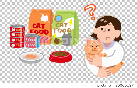 飼い猫を抱っこしながら疑問を持つ女性とキャットフード（手描きカラー） 80860187