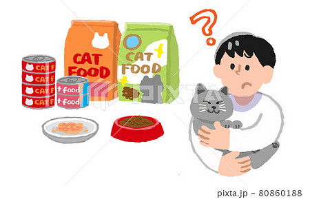 飼い猫を抱っこしながら疑問を持つ男性とキャットフード（手描きカラー） 80860188