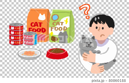 飼い猫を抱っこしながら疑問を持つ男性とキャットフード（手描きカラー） 80860188