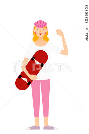 笑顔でスケートボードを抱えるスケーターの女性のイラスト素材