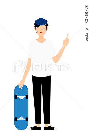 スケートボードを置いて笑顔で指さしをするスケーターの男性のイラスト素材