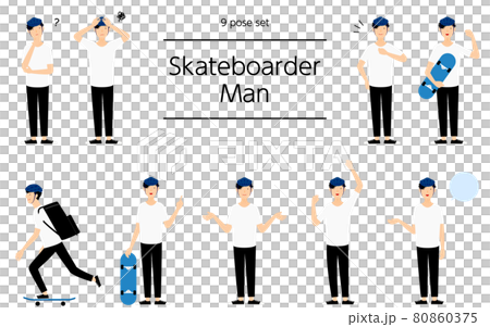 人物ポーズ9セット、スケーターの男性 人物ポーズ9セット、スケーターの男性 80860375