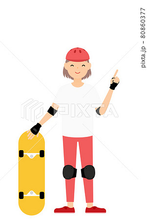 スケートボードを置いて笑顔で指さしをするスケーターの女の子 80860377