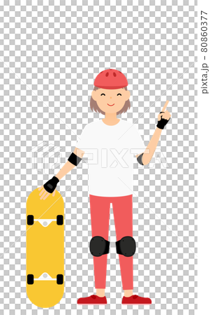 スケートボードを置いて笑顔で指さしをするスケーターの女の子 80860377