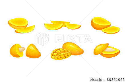 Ripe Orange Mango as Stone Fruit with Pit Inside Vector Set 80861065