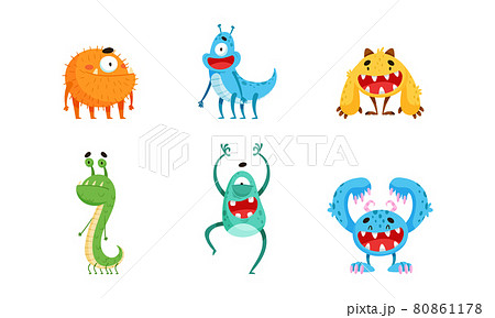 Funny Smiling Toothy Monsters with Horns Vector Set 80861178